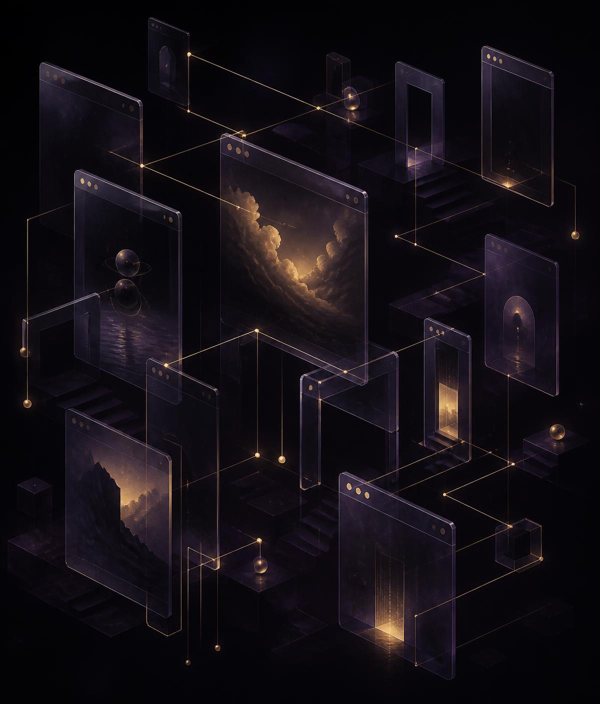 Illustration of interconnected gaming portal windows